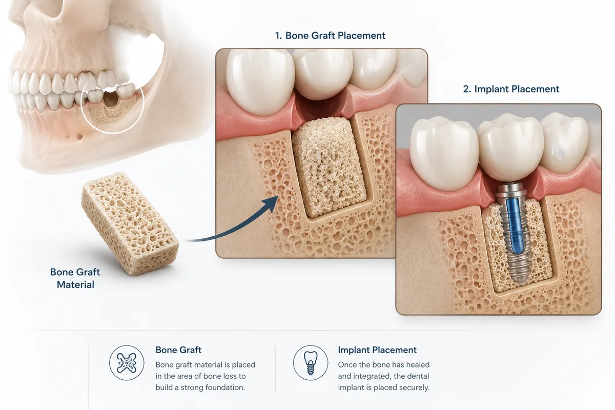 Illustrated guide: bone graft placement followed by dental implant placement