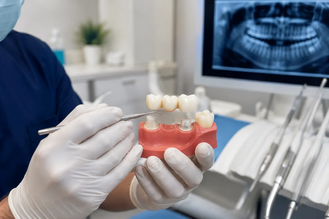 Dental bridge restoration held over a model of missing teeth