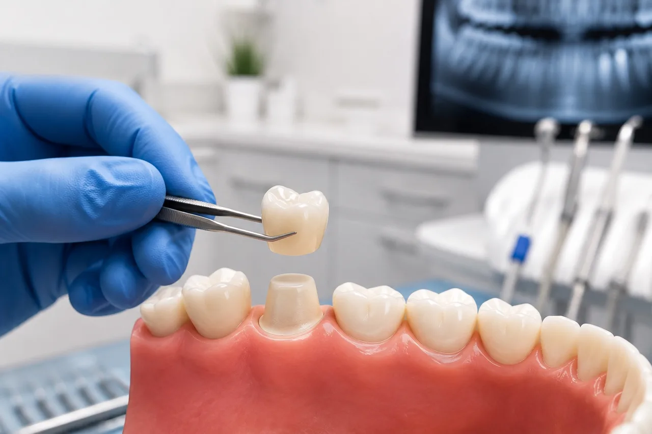 Dental crown being positioned over a prepared tooth model